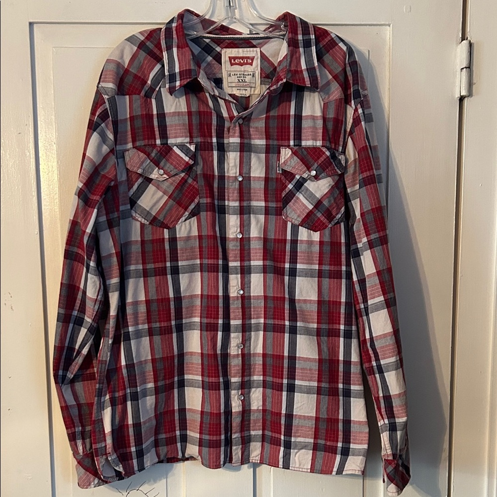 Levi's Men's Plaid Shirt Red Gray XXL Pearl Snap Front Western Rodeo Cowboy